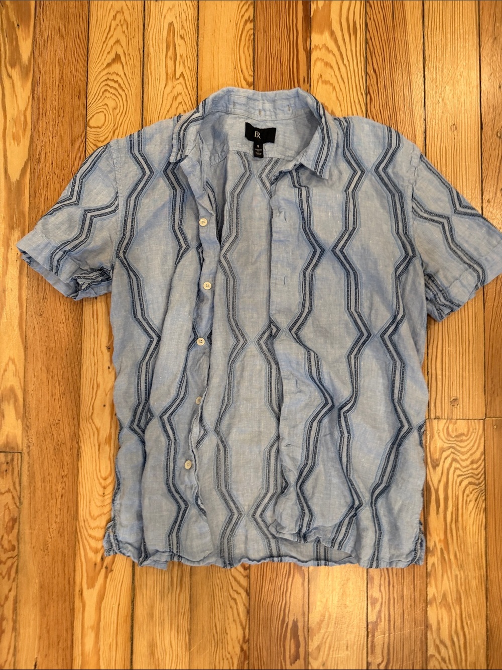 Banana Republic Light Blue Short-Sleeve Button-Down with Navy Stripe 100% Linen